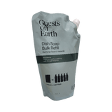 Dish soap bulk refill packaging with 'Guests on Earth' branding on a white background